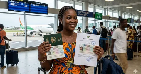 Candidate at the departure gate holding her approved passport and visa